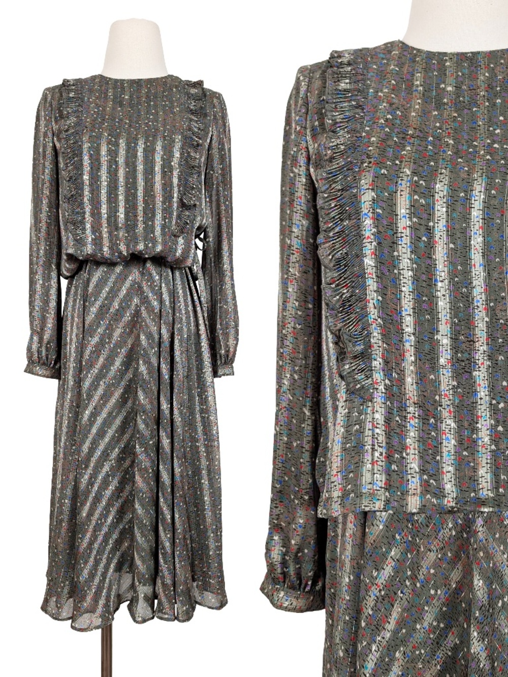 Vintage Louvre Midi Dress Size Small Green Striped Lantern Sleeve Formal